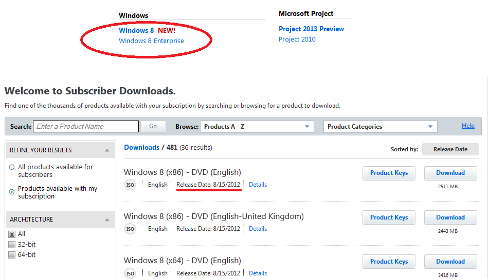 Windows 8 download for MSDN subscribers