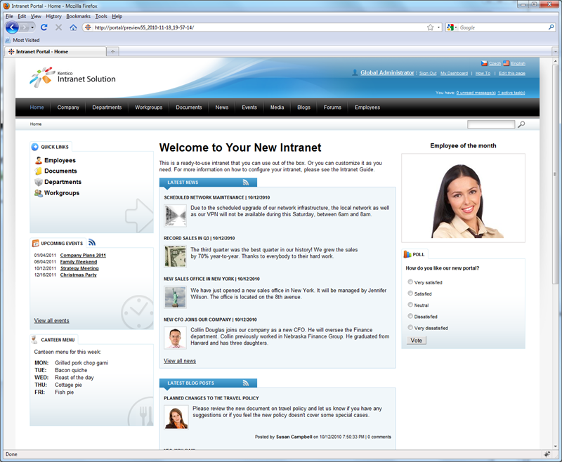 Kentico cms intranet portal home page